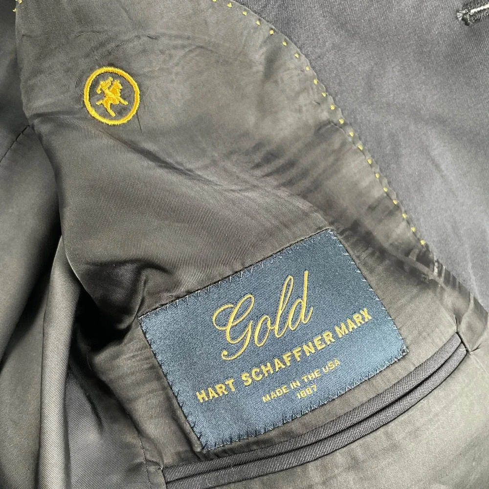 Hart Schaffner Marx Gold Blazer Mens 42R Navy Blue Sport Coat Vintage Jacket USA